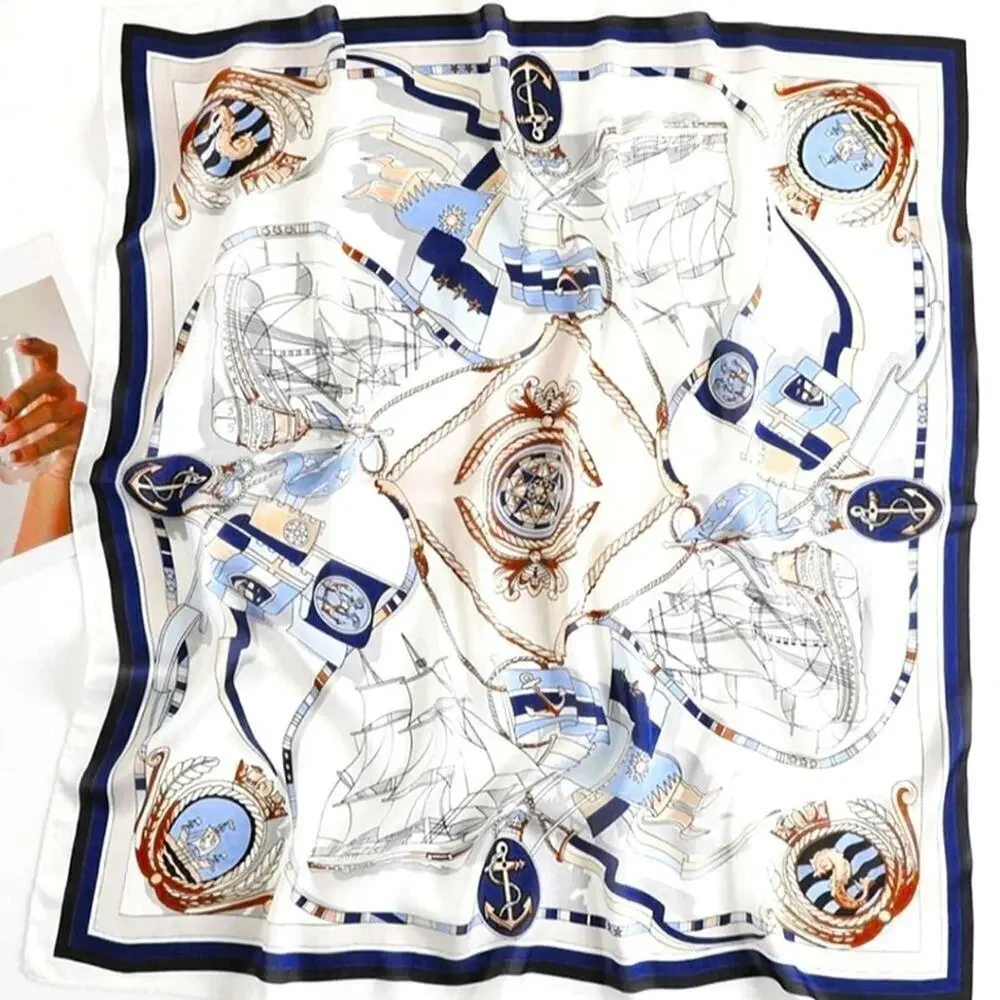 Ladies's Mulberry Silky Scarf Classic Marine Print Blue & White
